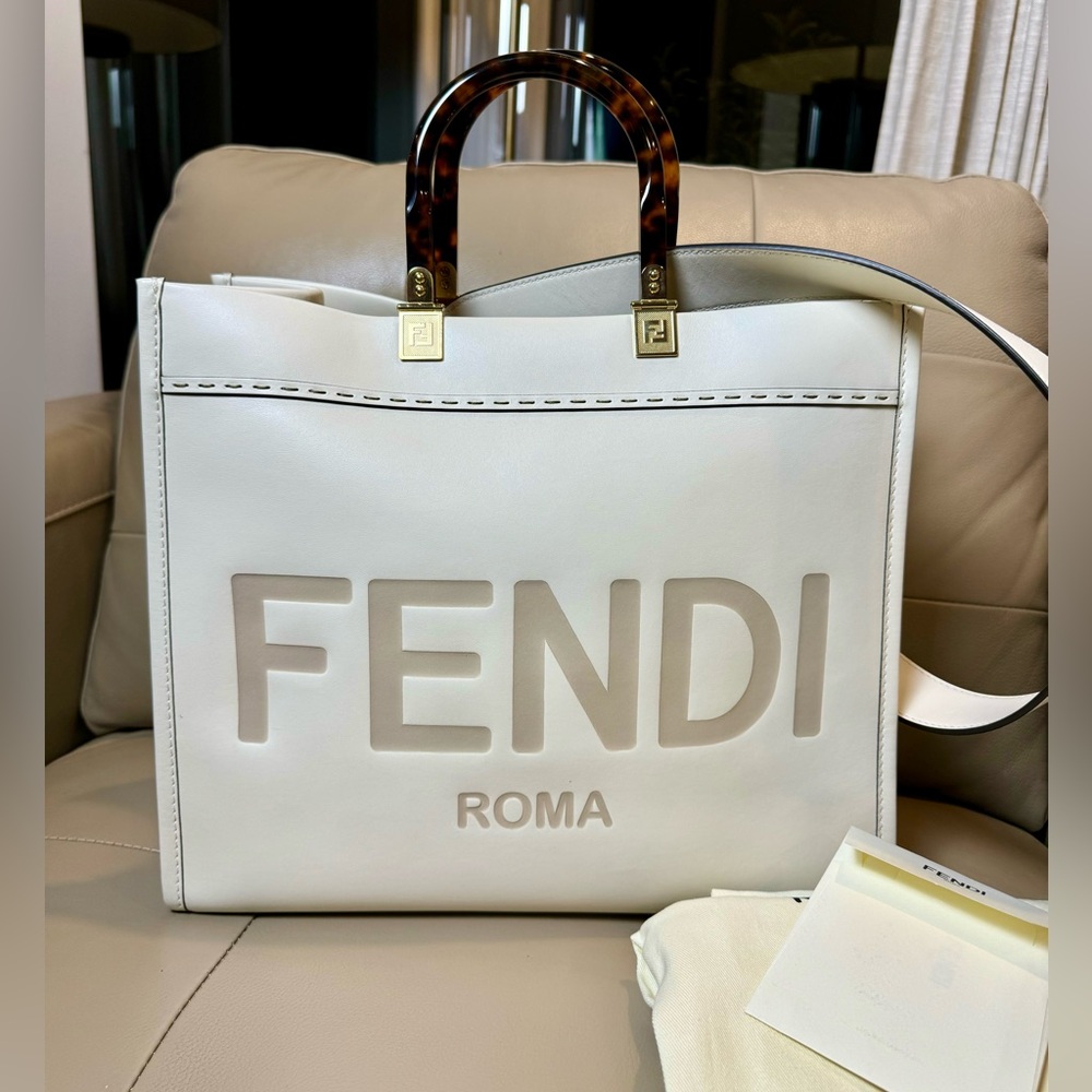 Fendi White Tote Bag with Brown Handles